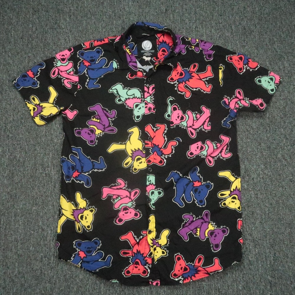 Grateful‎ Dead Shirt Men Medium Black Dancing Bears Short Sleeve Button Colorful